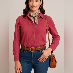 Harmony & Vine Rose Pink Suede Feel Button Down Blouse M Dressy Casual Office